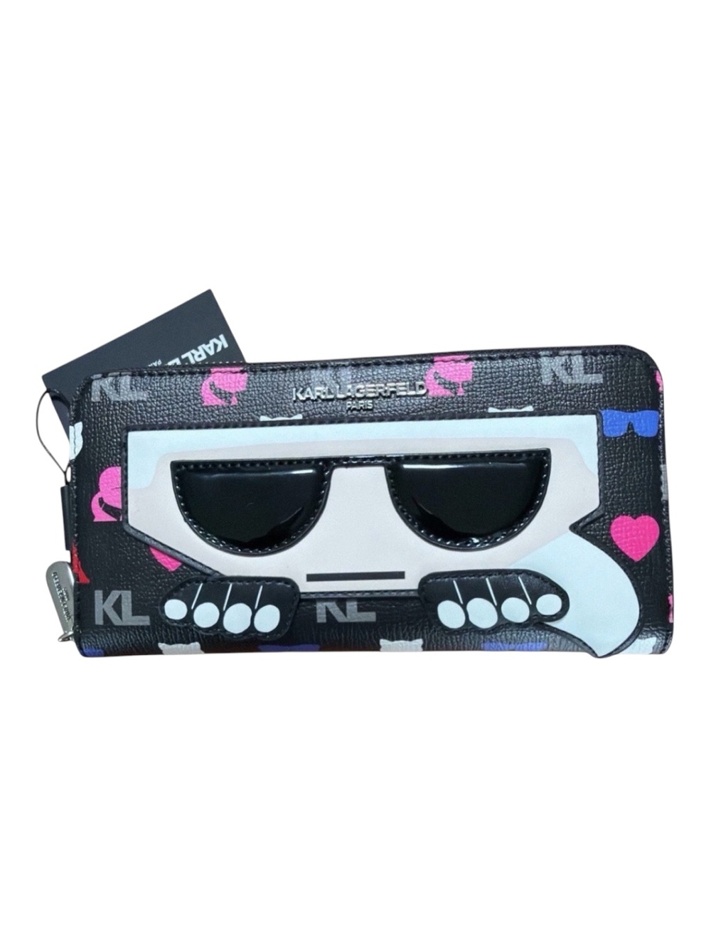 KARL LAGERFELD Peeking Maybelle Black Continental Logo Print Zip Around Wallet